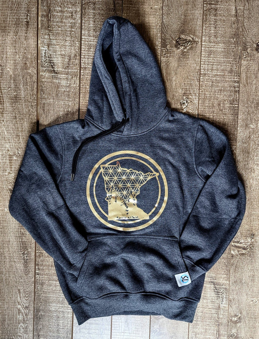Our signature hoodie with a vibrant gold pressed foil Minnesota flower of life emblem designed at Stagger Lee's.