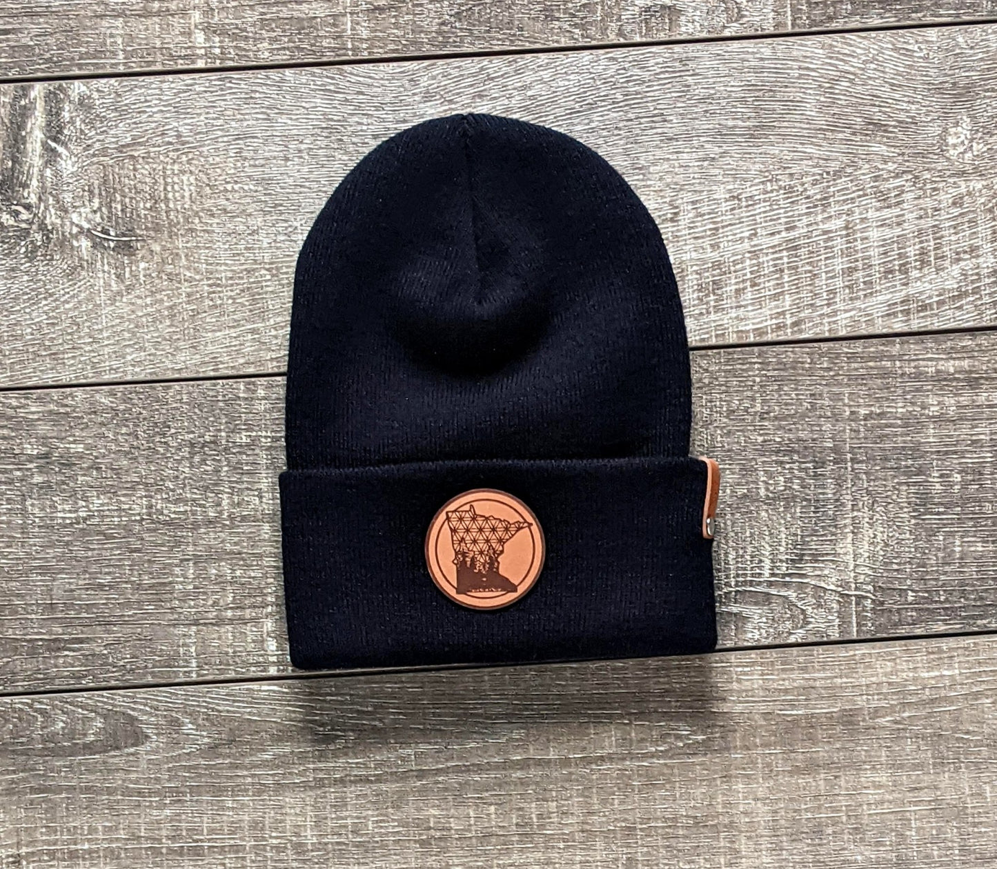 Minnesota Beanie with Natural Tanned Leather Patch Flower of Life Design - Stagger Lee Outfitters