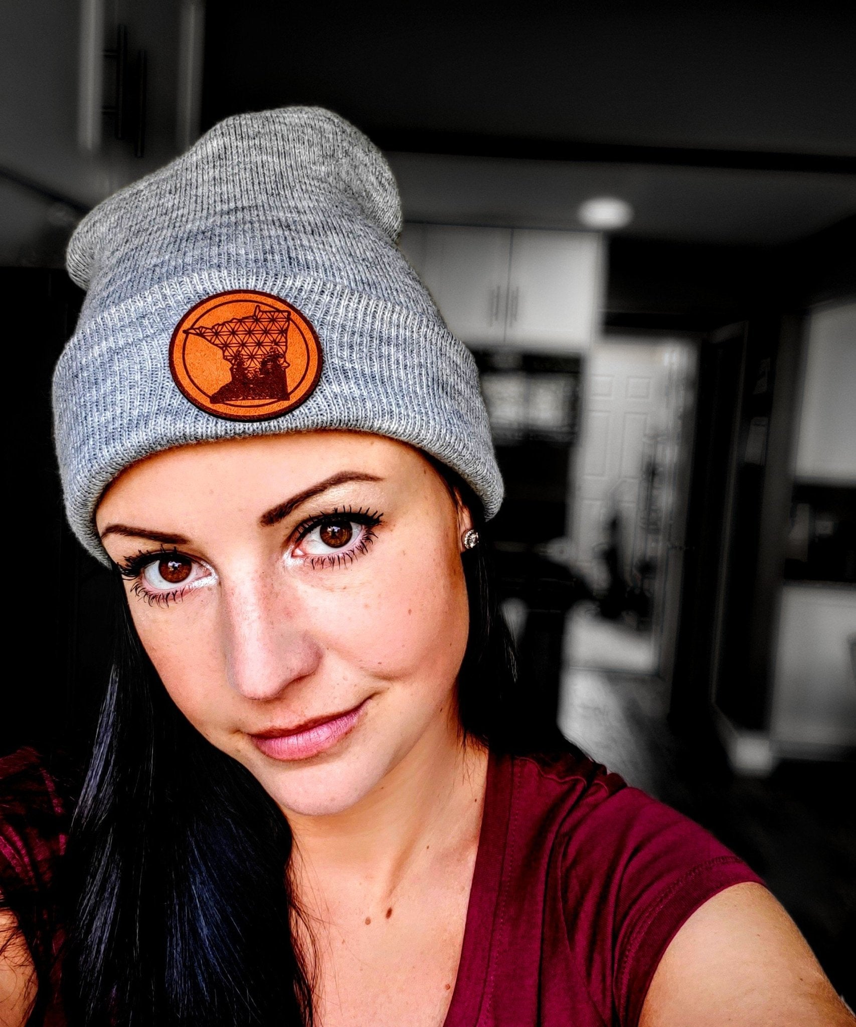 Minnesota Beanie with Natural Tanned Leather Patch Flower of Life Design - Stagger Lee Outfitters